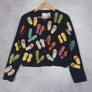 Michael Simon Lite Cardigan Womens Medium Black Flip Flop Embroidered Cotton